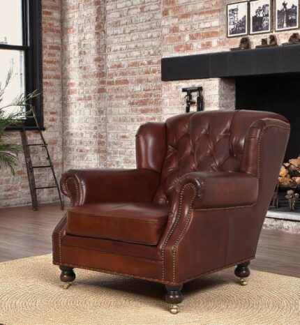 Chesterfield Ledersessel braun mit Rollen 1